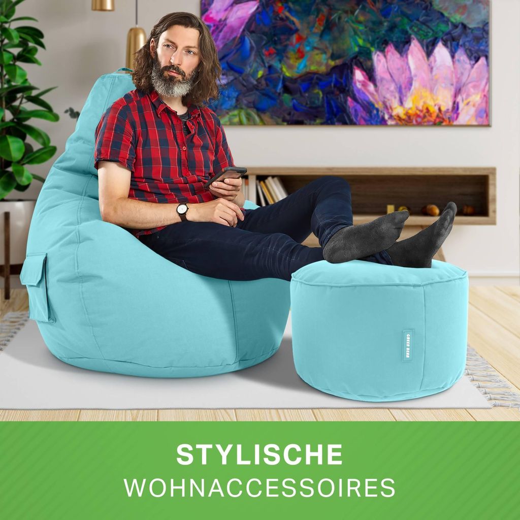 Green Bean Sitzsack mit Rückenlehne + Hocker "Cozy+Stay" 80x70x90cm - Gaming Chair mit 230L EPS Perlen Füllung - Aquamarin