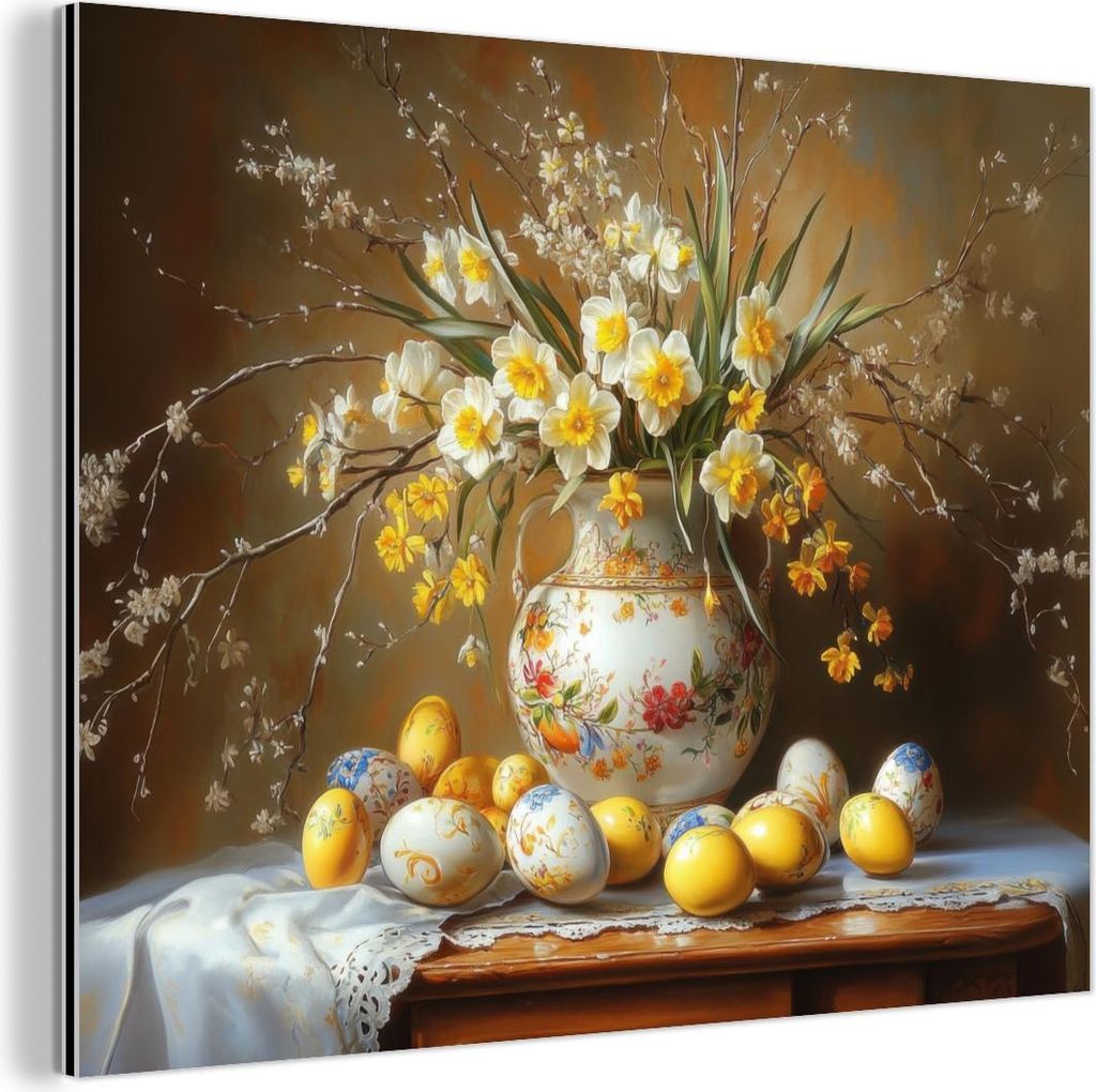 MuchoWow Wanddekoration Metall Metallbild Wandkunst 40x30 cm Ostereier - Stillleben - Vase MuchoWow Aluminium Gemälde - Dekoration Wohnzimmer