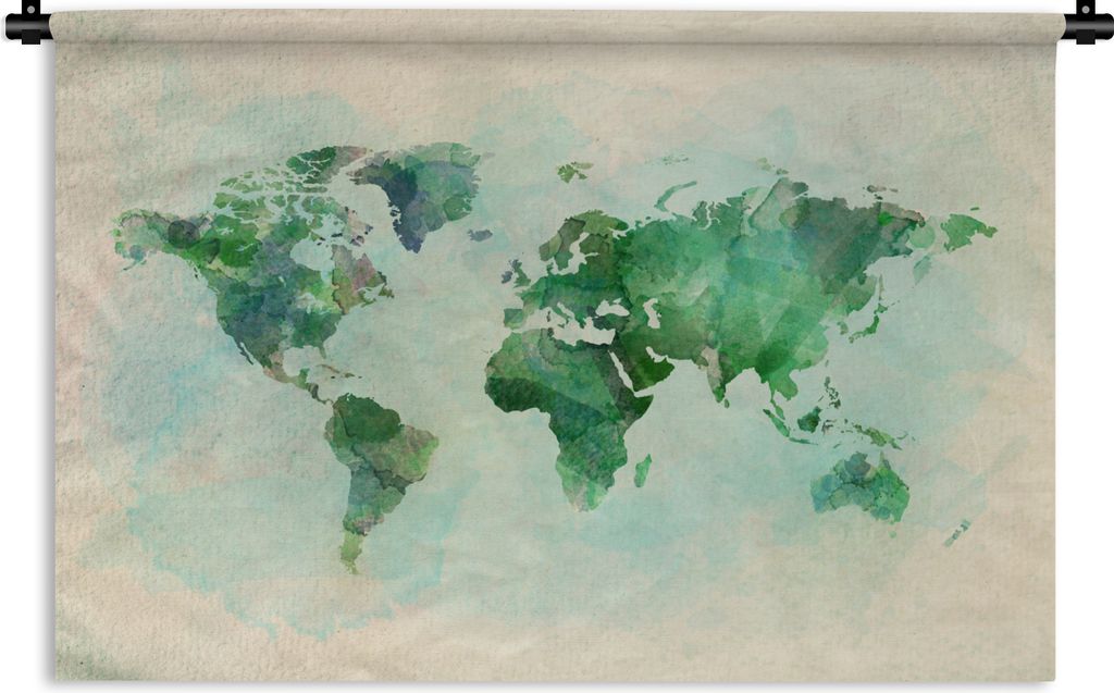 MuchoWow Wandteppich Wandbehang Weltkarte - Aquarell - Grün 90x60 cm Tapisserie Dekoration Wandtuch - Wandskulpturen - Bildteppich