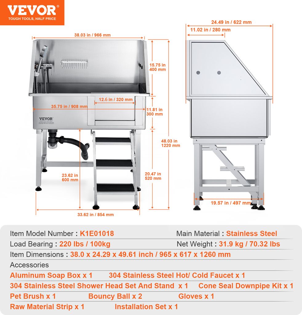 VEVOR Profesionálna vaňa na starostlivosť o psov 965,2 mm z Obrázok produktu 7