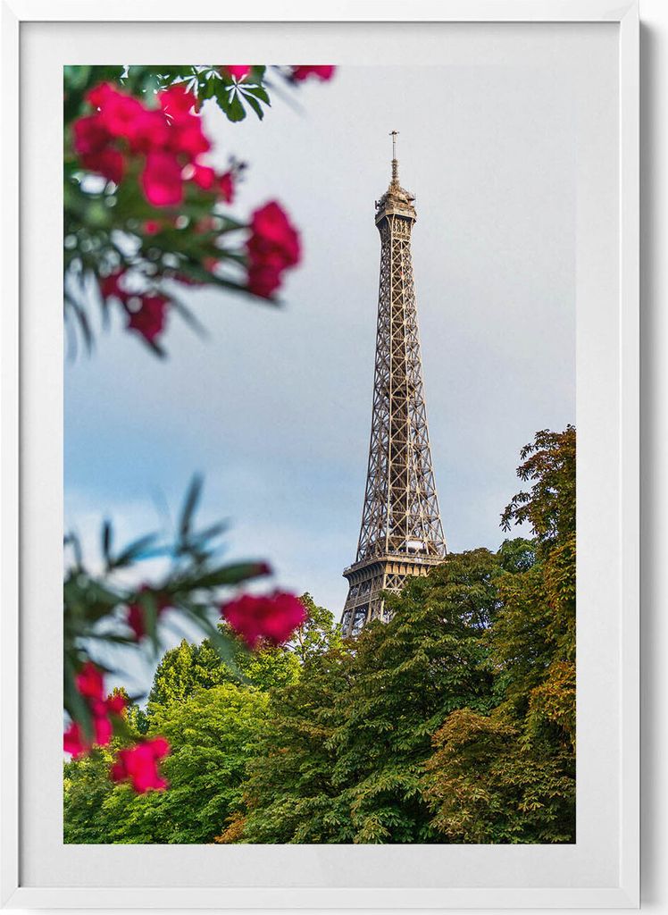 Eiffelturm in Blumen - Paris, Frankreich– Wandbild mit Rahmen – Gerahmtes Bild – Wanddekoration – 70x100 cm – Weiß Rahmen