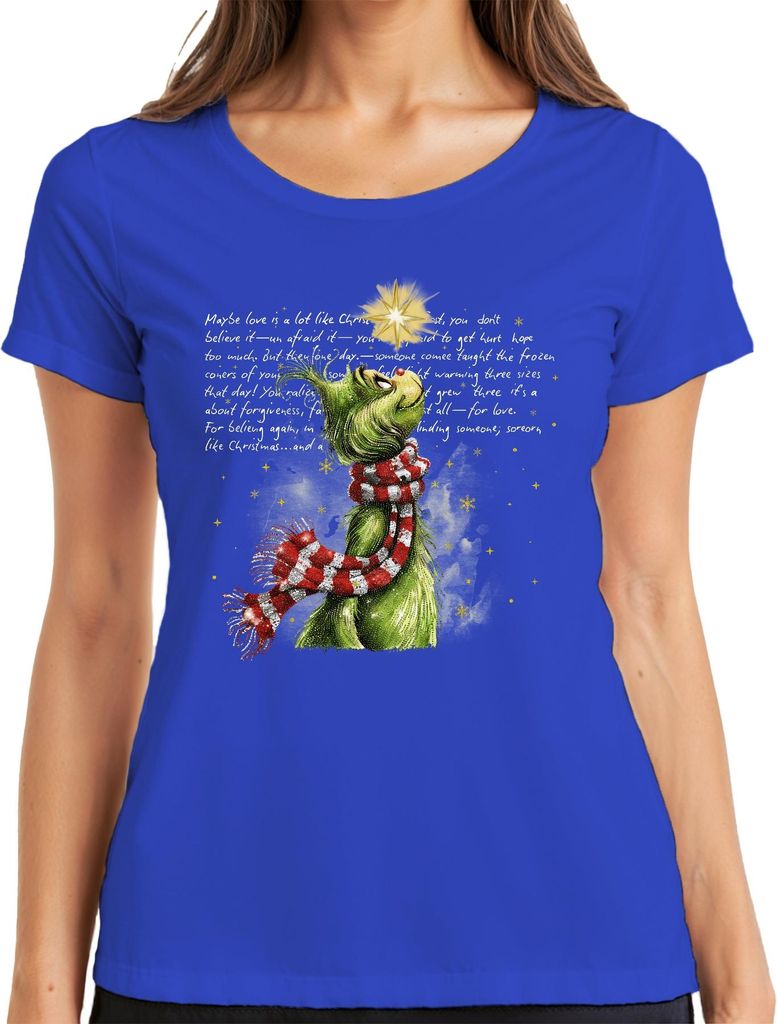 Maybe love is a lot like Christmas Grinch Weihnachten grün Stern Damen T-Shirt, Blau, 3XL