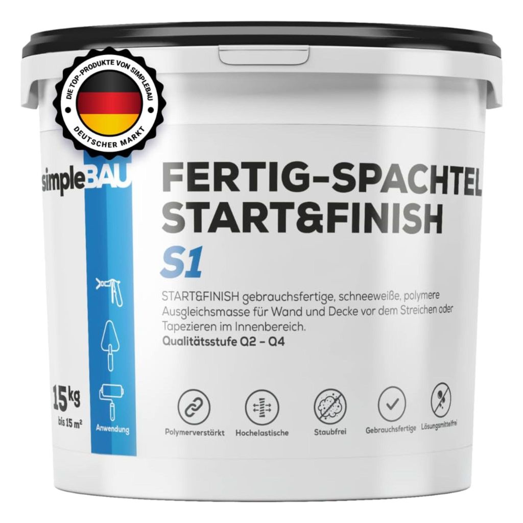 SimpleBau Spachtelmasse Start&Finish gebrauchsfertig zum Reparieren und Glätten von Wänden Perfekte weiße Farbe, 15kg