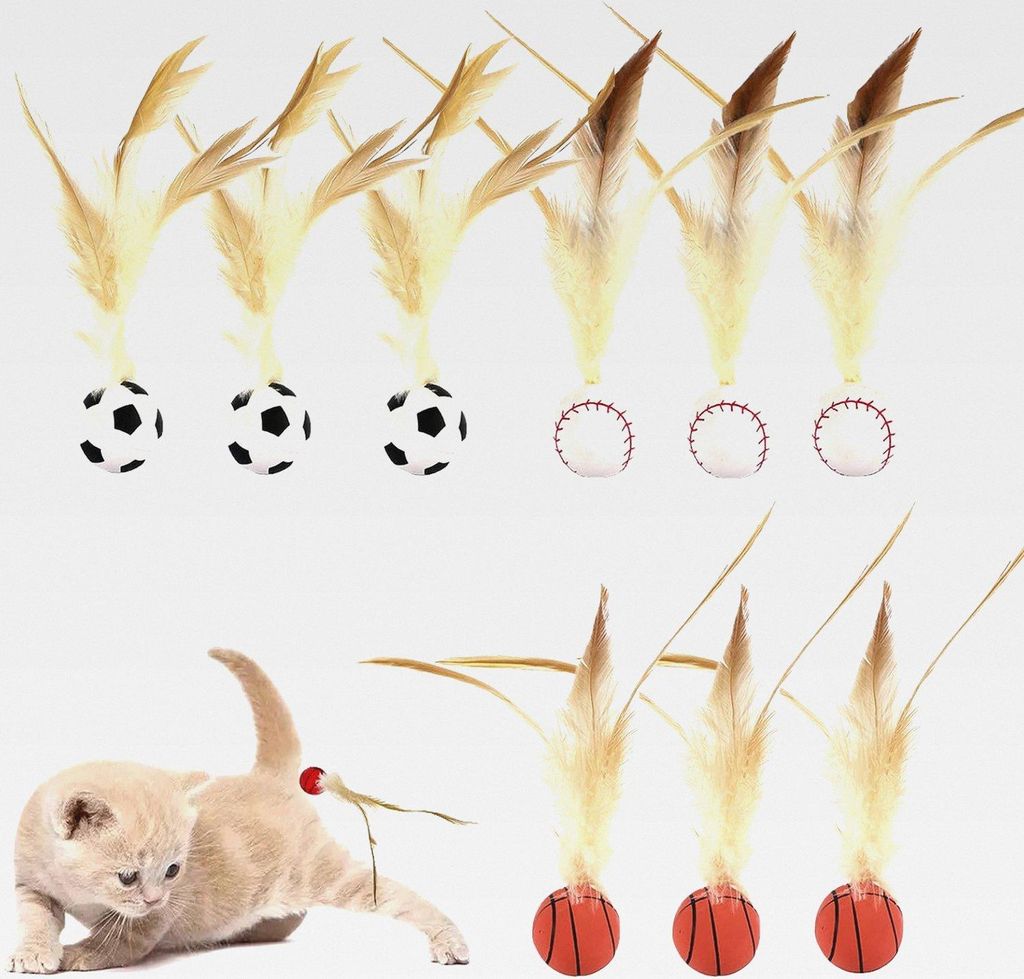 9 Stück Katzenspielzeug Feder, Sportthema Katzenball mit Federn, Interaktives Cat Toy Hüpfball Katzen Ball Federspielzeug für Katzen Hunde Klein...