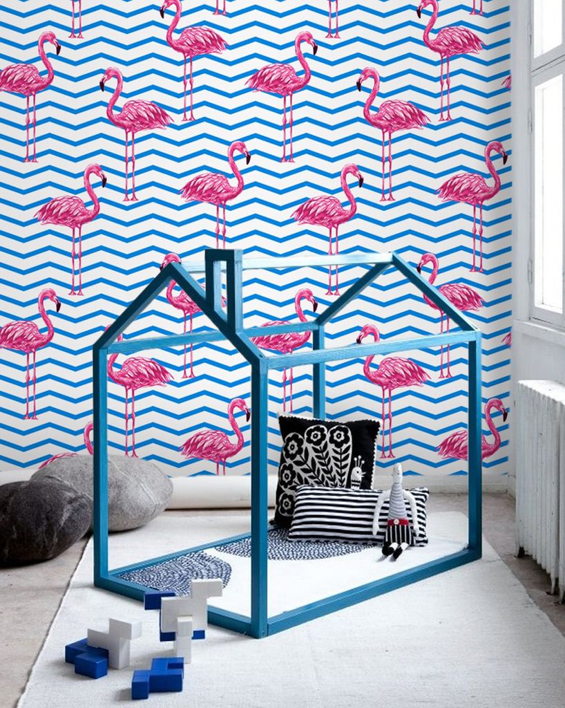 Coloray Fototapete 312x219 cm Vlies-Fototapete - Flamingos Chevrons-Flaminen zickzack