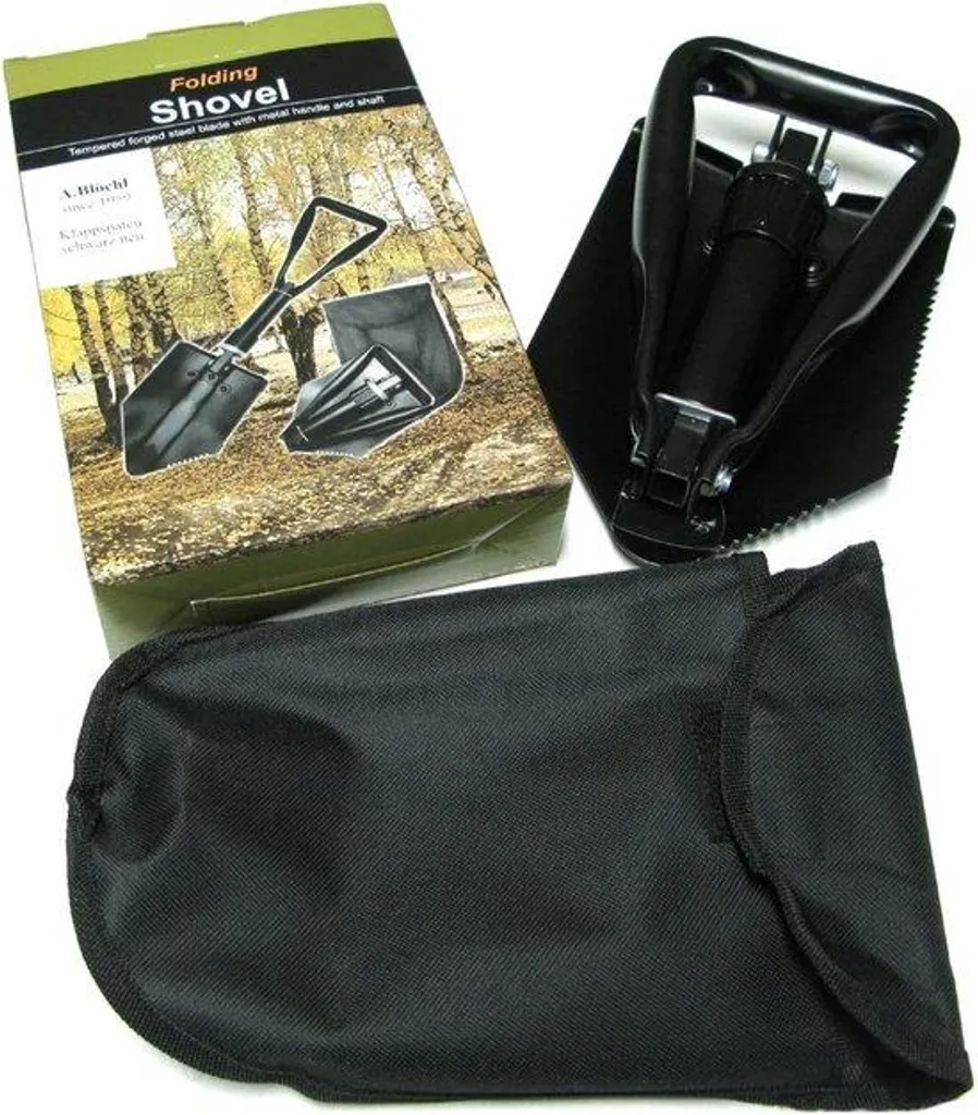 Pelle pliable de camping en acier carbone avec étui de transport noir