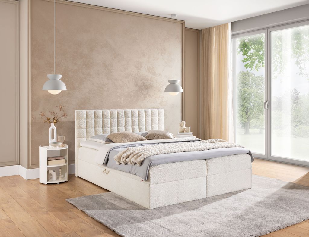 Doppelbett mit Boxspringbett 140x200 SALOMA - Creme + Matratzenauflage