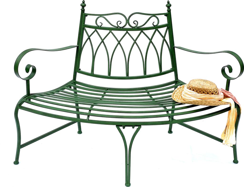 A green metal garden bench with a straw hat and scarf on the seat, isolated on a white background.