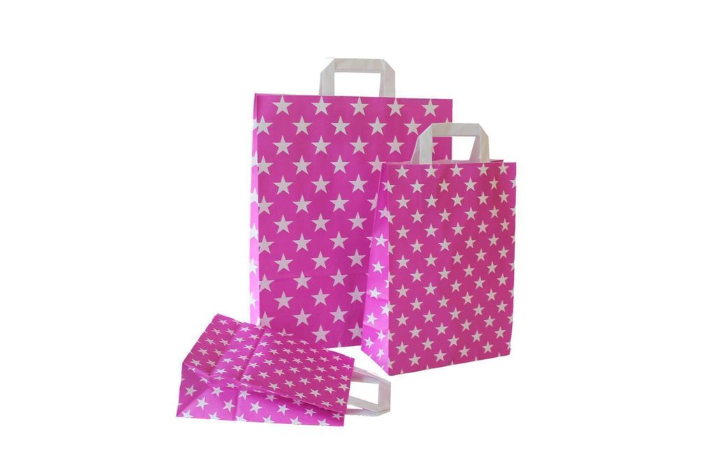 Papiertragetaschen mit STERNE PINK, 80 g/qm, 22 + 10 x 31 cm, 10 Stück