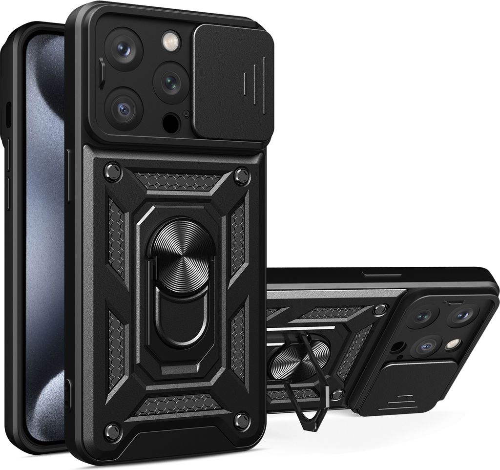 iPhone 15 Pro Hülle mit Magnetische Ring Ständer Halter Dia Kameraschutz TPU Bumper Silikon Schutzhülle für iPhone 15 Pro Schwarz