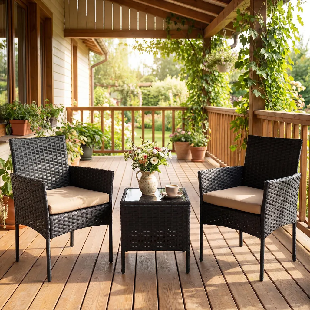 Ensemble de jardin en polyrotin COSTWAY 3 pièces avec table et chaises