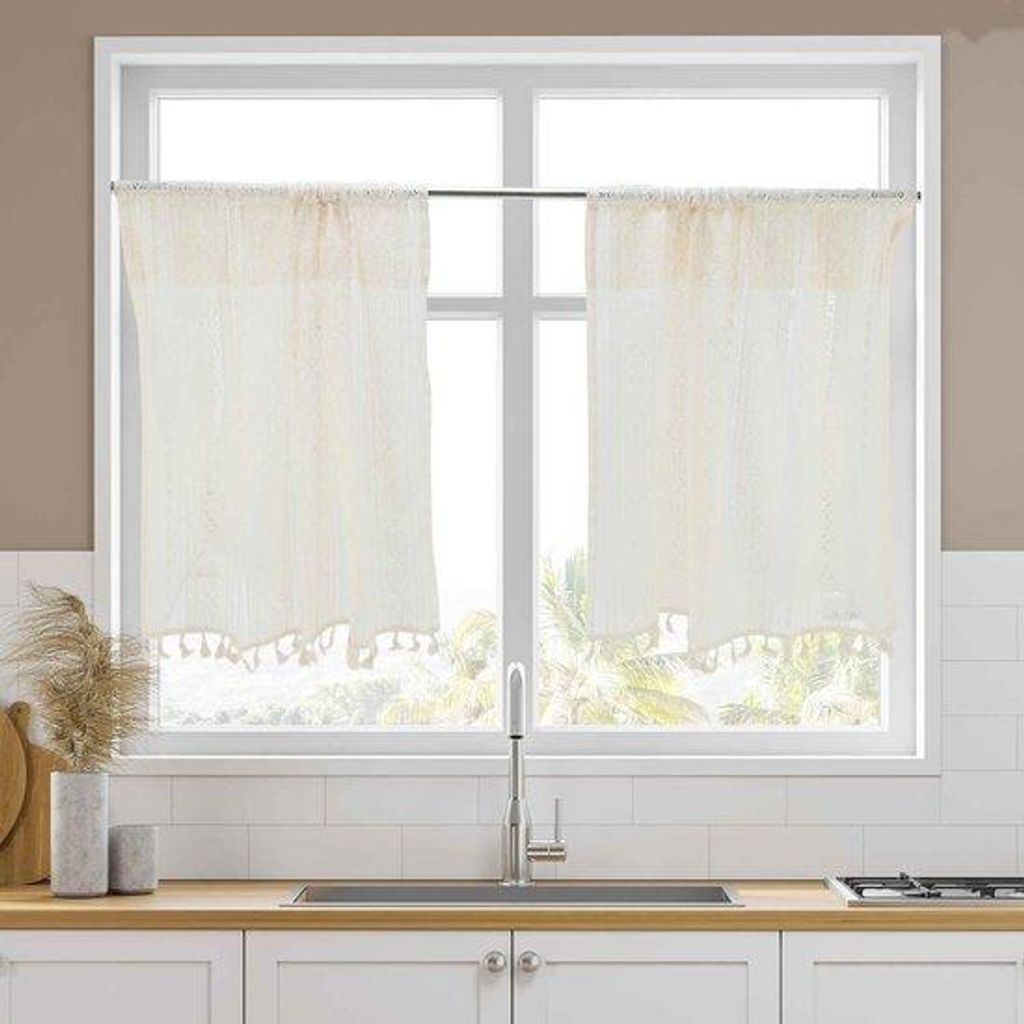 Katoenen Geometrische Cafe-Gordijnen mit Lichtfilter, Beige, 103x60cm, 2 Stück