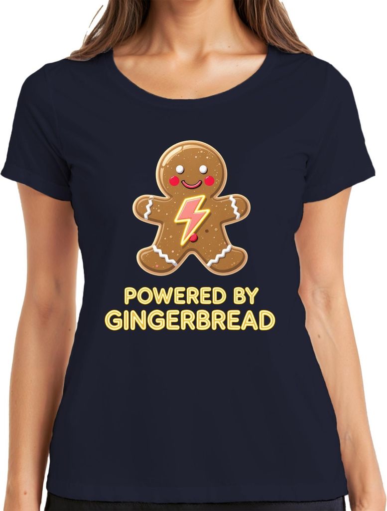 Powered by Gingerbread Weihnachten Geschenk Lebkuchen Retro funny Damen T-Shirt, Navy, 3XL