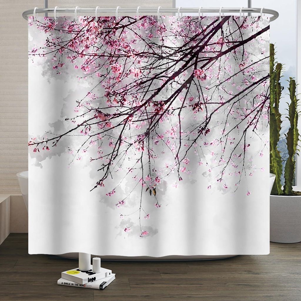 Duschvorhang mit orientalischem Kirschblütenmuster, 180 x 200 cm, chinesischer Tuschedruck, maschinenwaschbarer, wasserdichter Stoff
