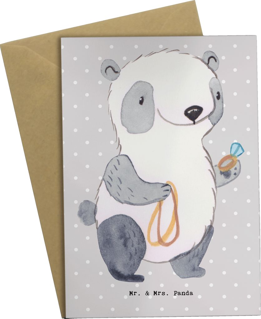 Mr. & Mrs. Panda Glückwunschkarte Juwelier Herz - Grau Pastell - Geschenk, Schmuckgeschäft, Goldschmied, Grußkarte, weihnachtskarten, Goldschmuc...
