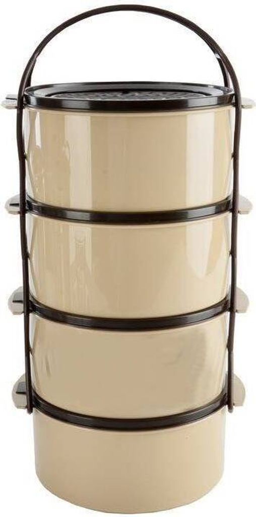 A stack of four beige and brown food containers with a black handle.