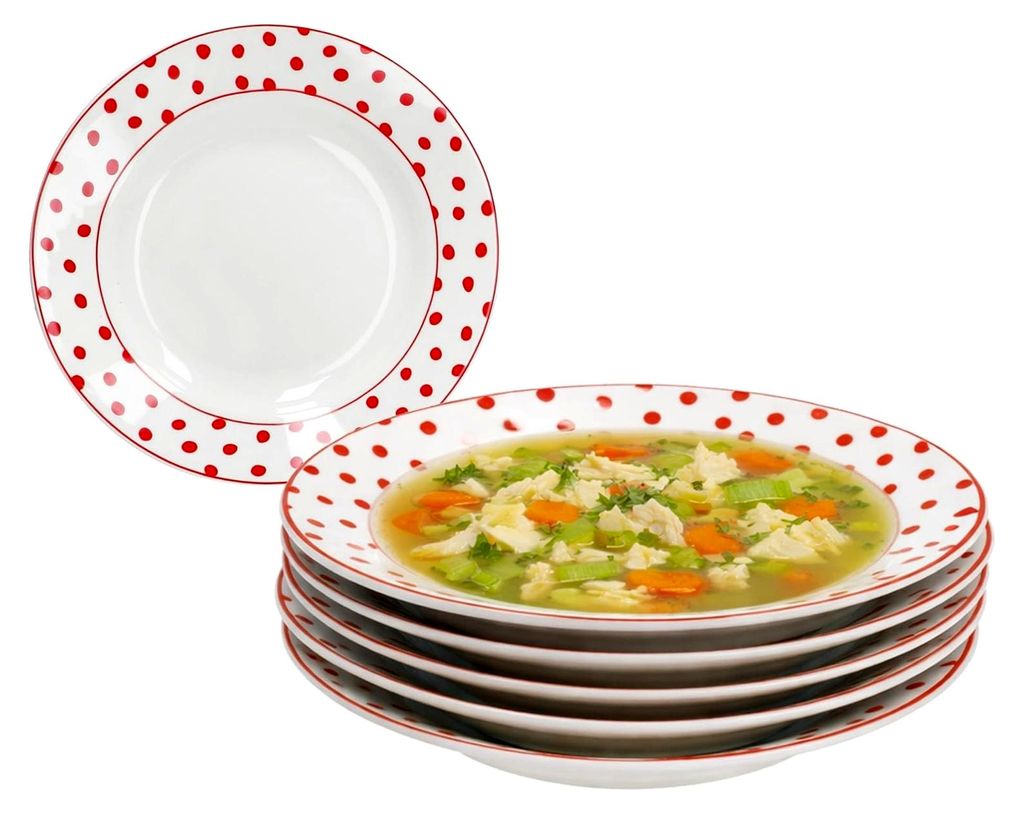 6-teiliges Suppenteller Set Rot gepunktet, 200 ml, Ø 20,5 cm, tiefe Teller aus Steingut, weiß mit roten Punkten, Teller für Suppe, Pasta und Ein...