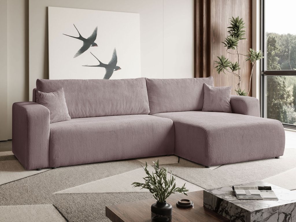 MargaretHadas24 Ecksofa L Form Sofia 277 x 143 cm mit Schlaffunktion und Bettkasten Couch Cord Schlafsofa Schlafcouch Sofa universale Seite, puderrosa