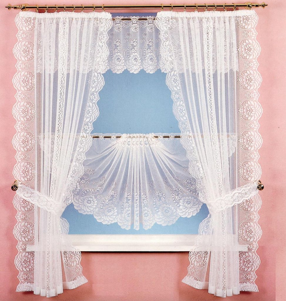 Heimtexland Scheibengardine Set 4-tlg. Fensterbild weiß Blumenmuster Jacquard Querbehang Seitenschal halbtransparent gebogte Bordüre Muschelbo...