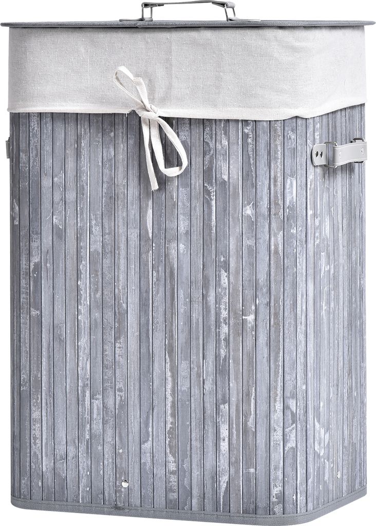 Wäschekorb mit Deckel 72L faltbarer Wäschesammler waschbarer Wäschesack aus Bambus mit Griffen Grau 40x30x60cm
