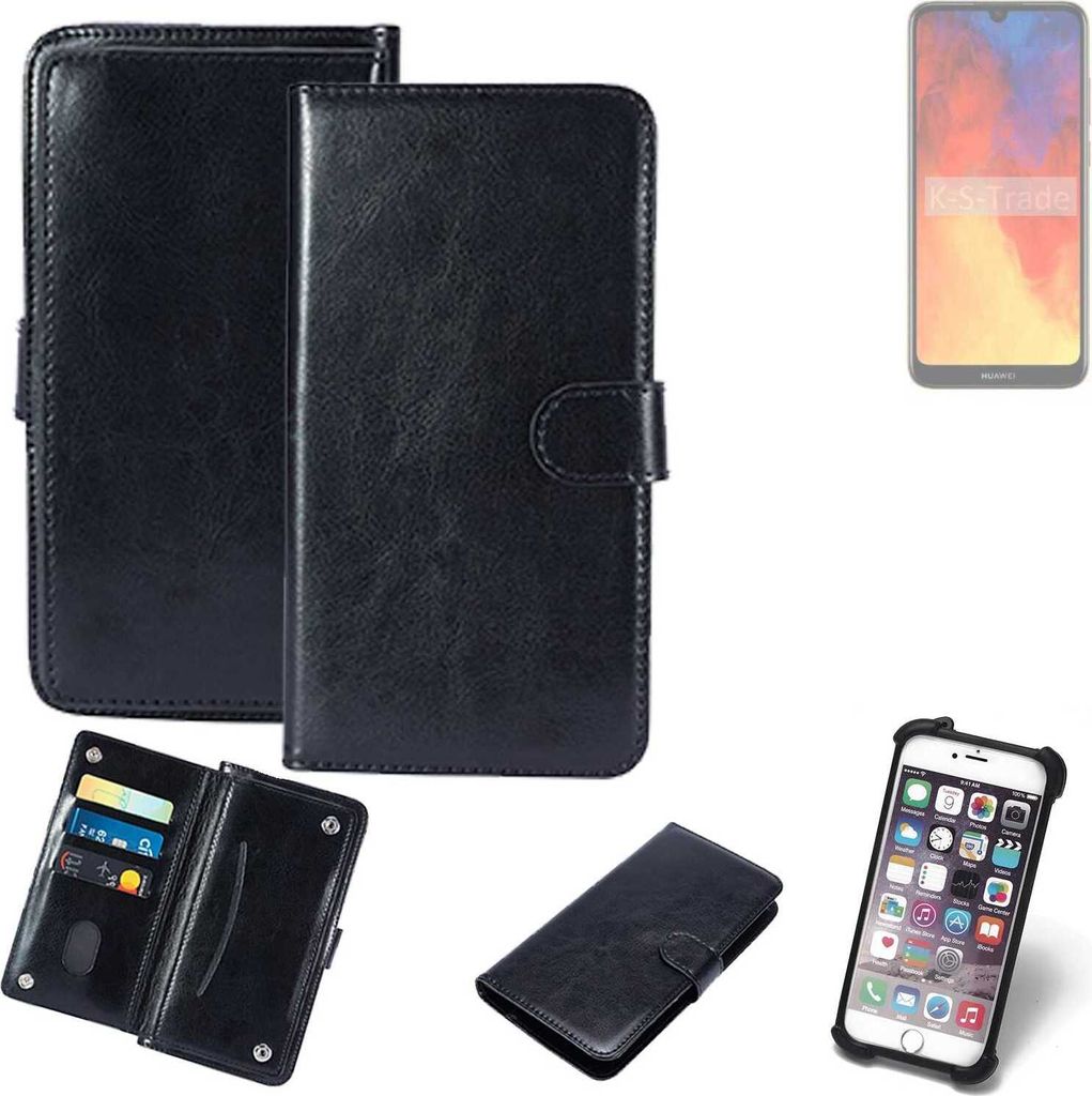 K-S-Trade 360° Hülle kompatibel mit Huawei Y6 (2019) schwarz Kunstleder Case BookCase WalletCase Kunstlederederhülle Handyhülle, Rundumschutz