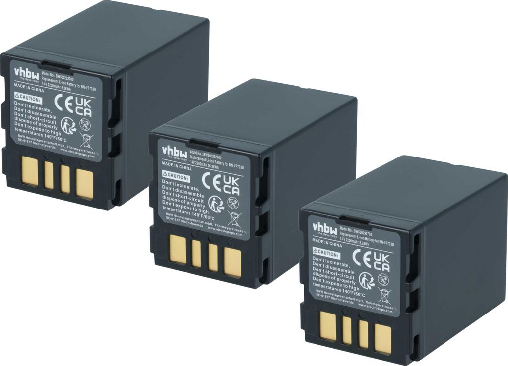 vhbw 3x Akku kompatibel mit JVC GZ-MG77, GZ-MG77AC, GZ-MG77AH-U, GZ-MG77E, GZ-MG77EK, GZ-MG70E Videokamera Camcorder (2200 mAh, 7,4 V, Li-Ion)