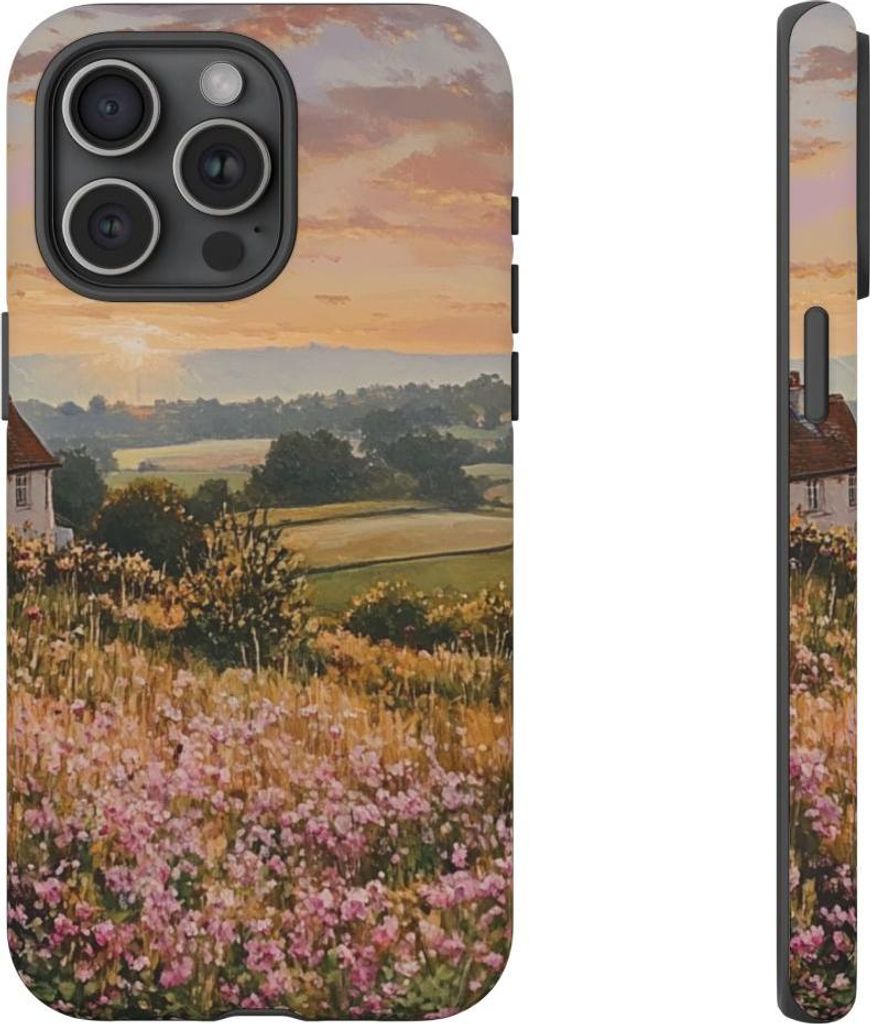Ländliche Morgendämmerung mit Häuschen und Wildblumen – Hülle Kompatibel mit iPhone 15 Pro Max