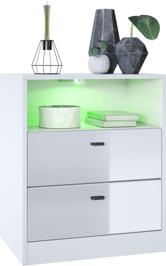 Vladon Kommode Pino V1, Germany, Nachttisch mit 2 Schubladen & 1 offenem Fach, Weiß matt/Weiß Hochglanz mit LED RGB (56 x 67,5 x 36 cm)