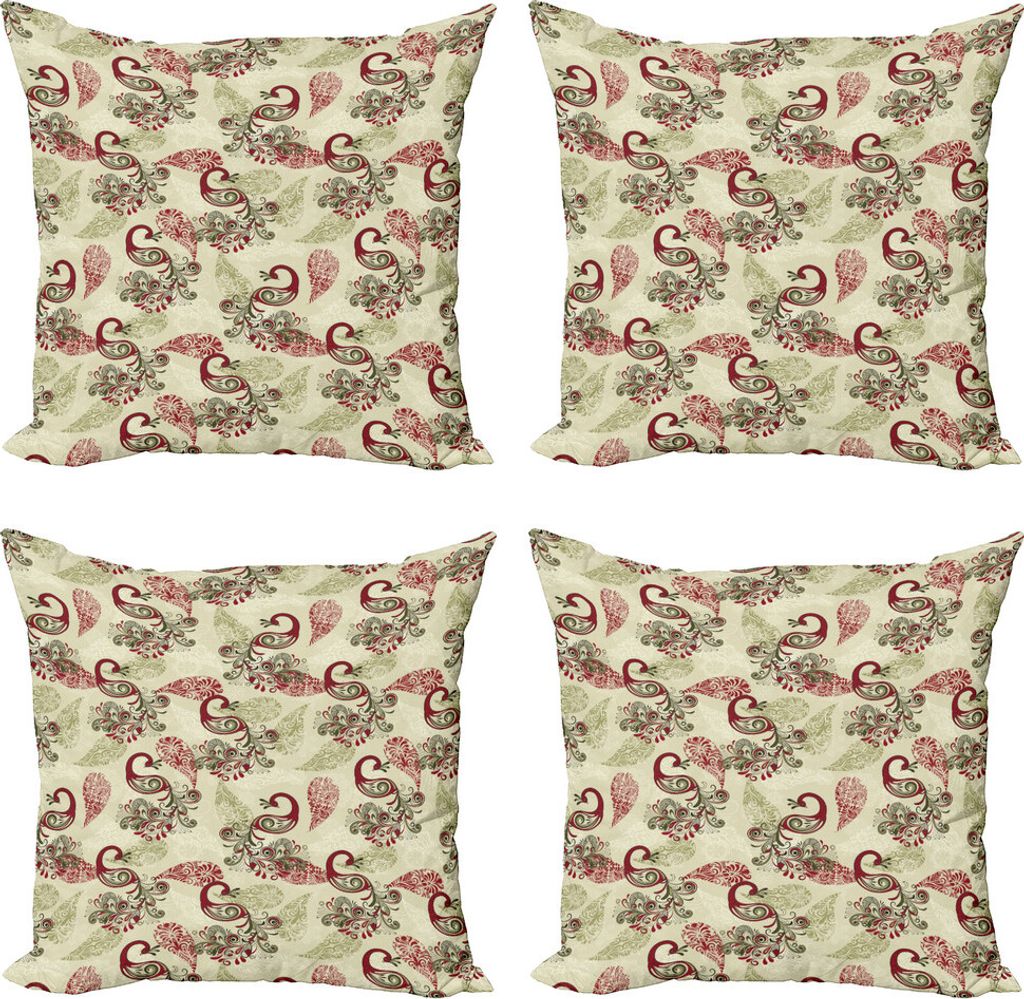 ABAKUHAUS Pfau Kissenbezug Set (4 Stück), Pfau und Schneeflocken, Moderner Doppelseitiger Digitaldruck, 45 cm x 45 cm, Ruby-Olivgrün-Creme