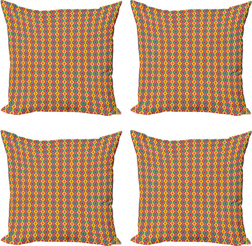 ABAKUHAUS Geometrisch Kissenbezug Set (4 Stück), Einheimische Folk Motiv Grid, Moderner Doppelseitiger Digitaldruck, 60 cm x 60 cm, Mehrfarbig
