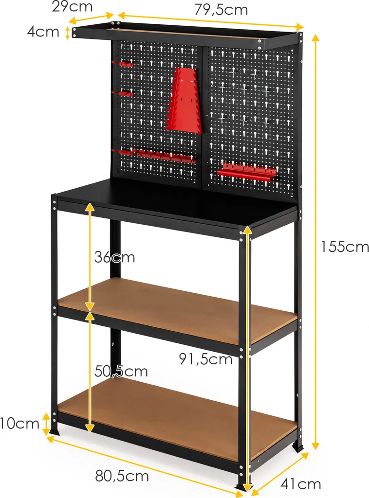 Poste de Travail pour Atelier avec Rangement Mural et Double Étagère