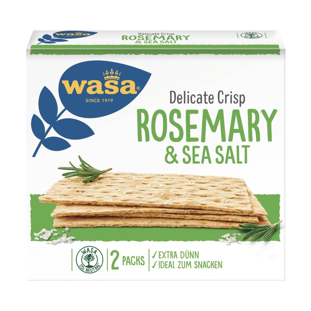 A box of Wasa Delicate Crisp Rosemary & Sea Salt crackers.