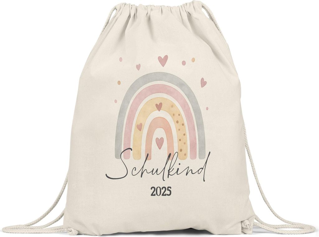 Schulkind 2025 Boho Regenbogen Motiv Turnbeutel Geschenk Einschulung Herz Pastell Vintage Erstklässler