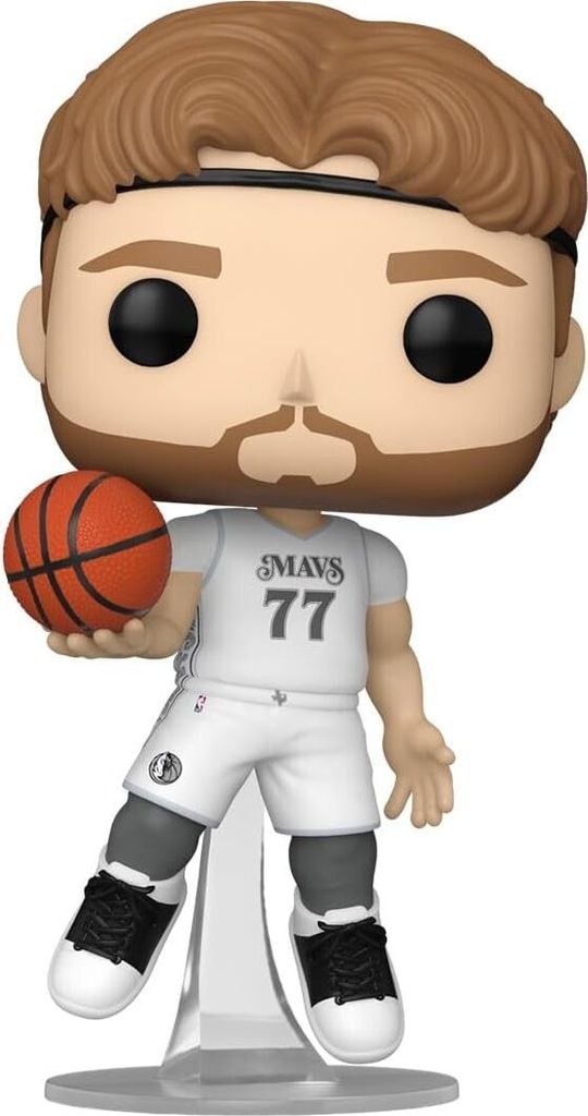 A Funko Pop! figure of basketball player Luka Doncic in a Dallas Mavericks uniform, holding a basketball.