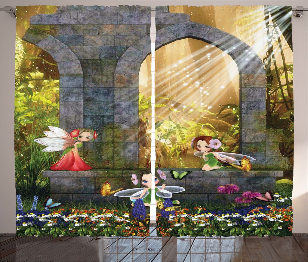ABAKUHAUS Natur Rustikaler Vorhang, Blumen-Blüten-Szene, Wohnzimmer Universalband Gardinen mit Schlaufen und Haken, 280 x 245 cm, Charcoal Grün Rot
