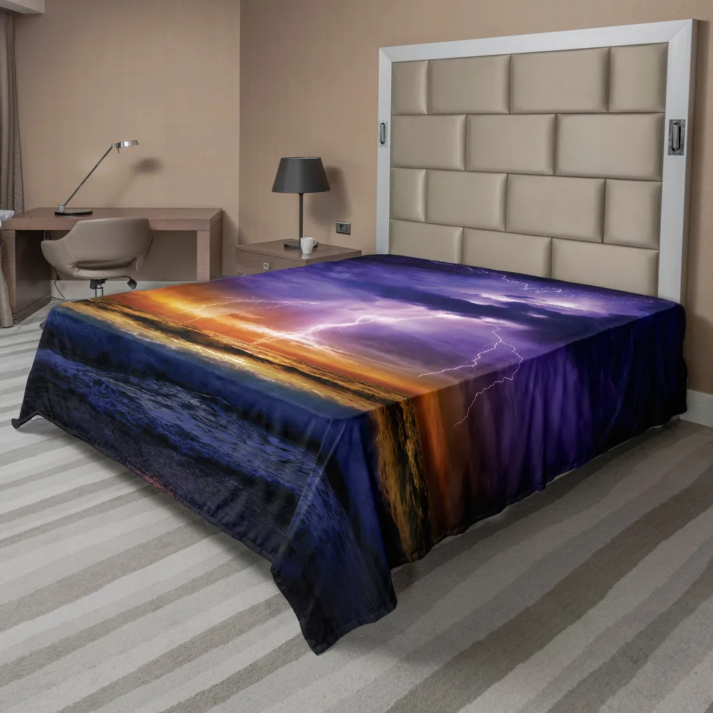 ABAKUHAUS Lenzuolo naturale, tuono epico e tempesta sull'orizzonte delle onde del mare Stampa di scarsa qualità, lenzuolo morbido e confortevole per un letto decorativo 1 pezzo 266 cm x 260 cm, viola e arancione - 1