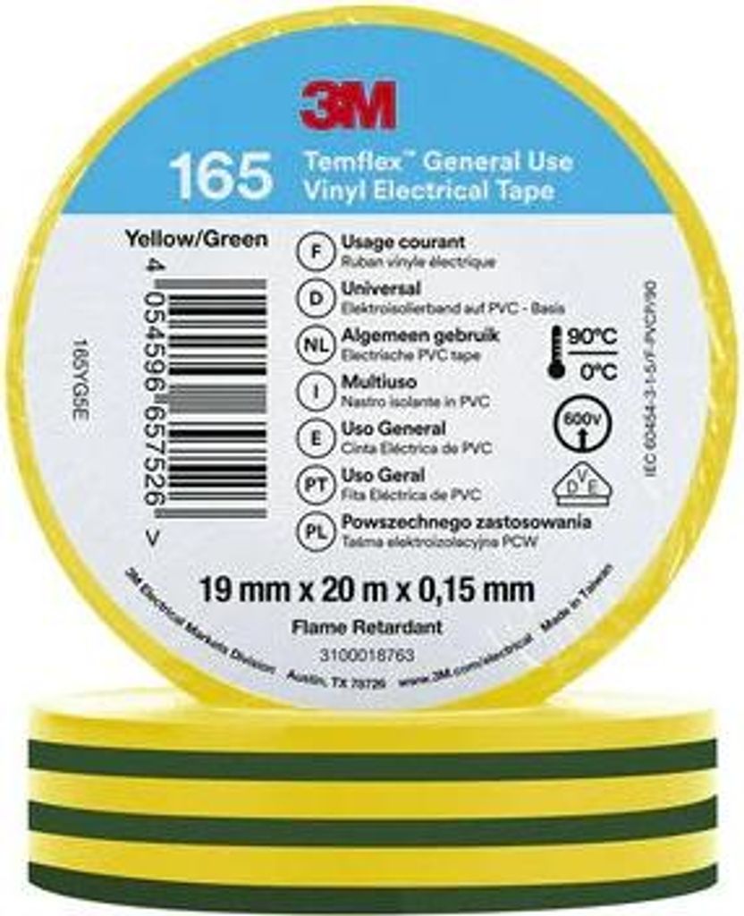 3M Temflex Vinyl-Isolierband 165, Grün/Gelb, 19 mm x 20 m | Packung (1 Rolle)