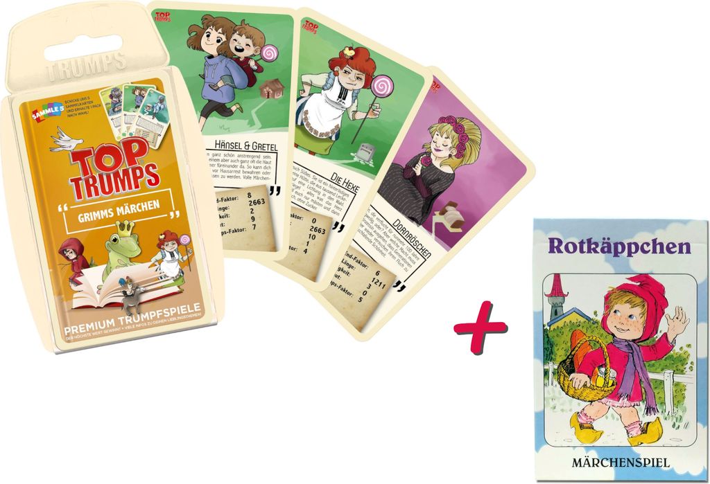 Märchen 2er Set: Top Trumps Grimms Märchen + Rotkäppchen Märchenspiel Kartenspiel Quartettspiel