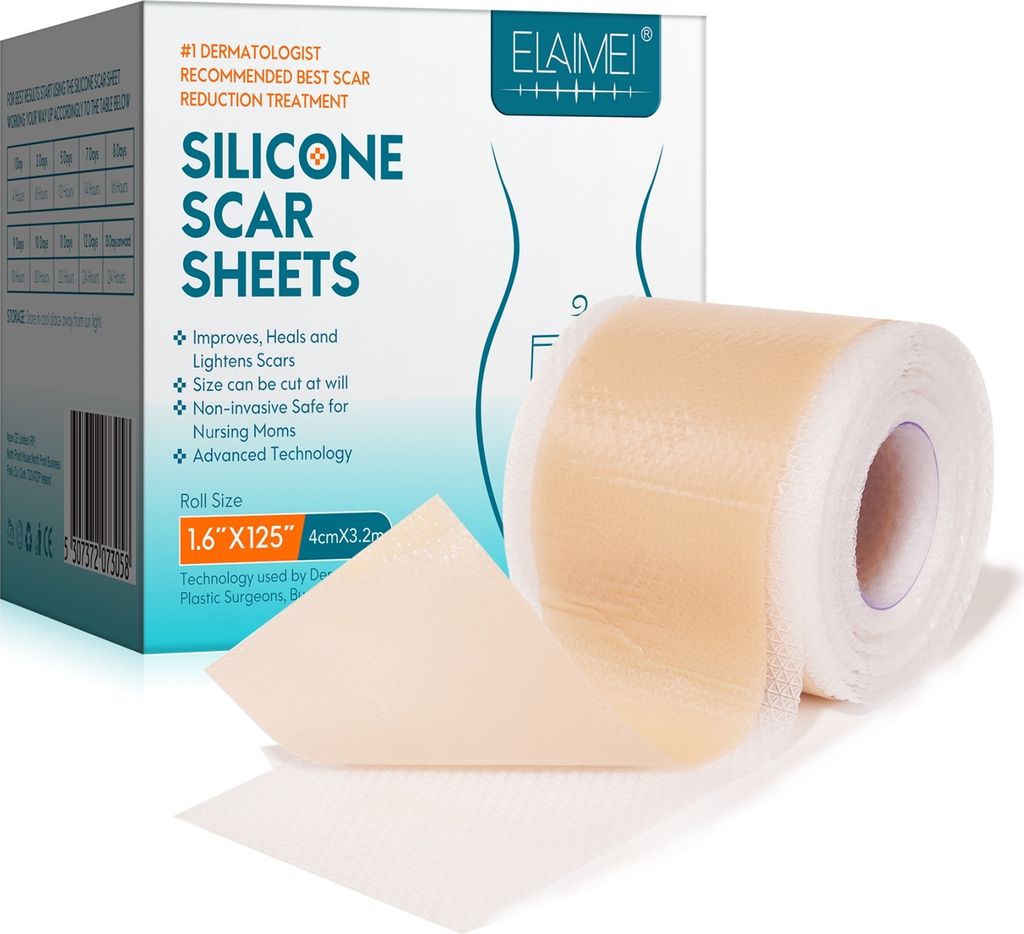 A box of silicone scar sheets with a roll of the product in front of it.