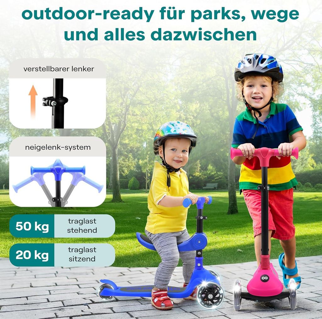 SereneLife Kinderroller ab 3 Jahre – LED Tretroller faltbar höhenverstellbar, leicht und stabil, für Jungen und Mädchen, Indoor und Outdoor, b...