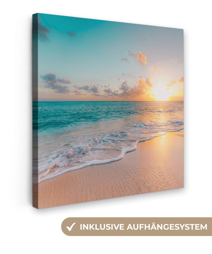 MuchoWow - Leinwandbilder - Sonnenuntergang - Strand - Meer - Sommer - Blau, Wandbild, Wanddeko Bilder Wohnzimmer, 90x90 cm