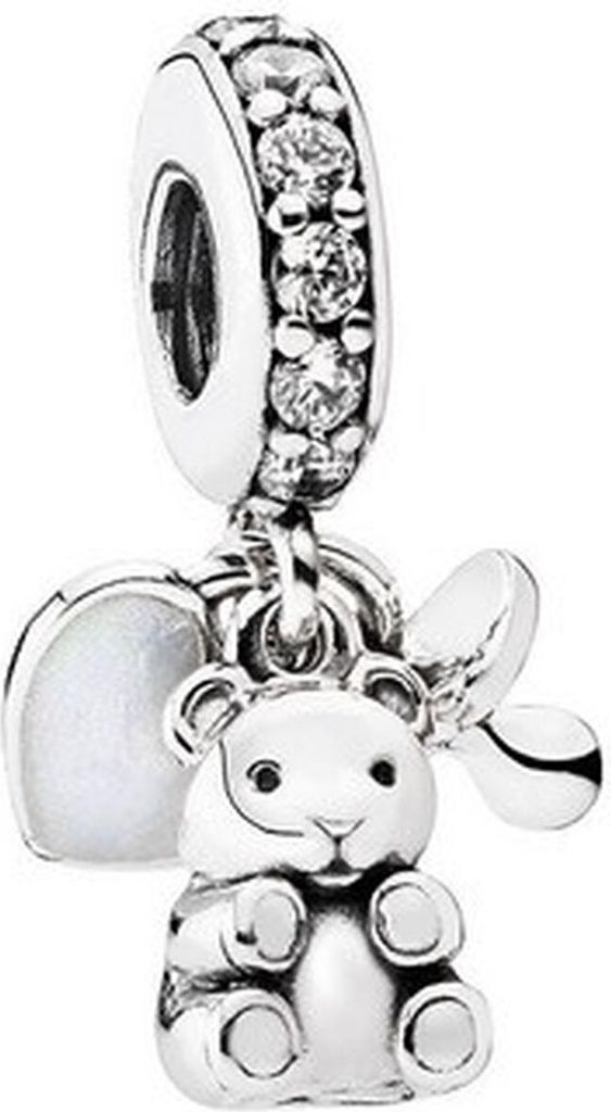 A close-up studio shot of a silver charm with a teddy bear and pacifier design.