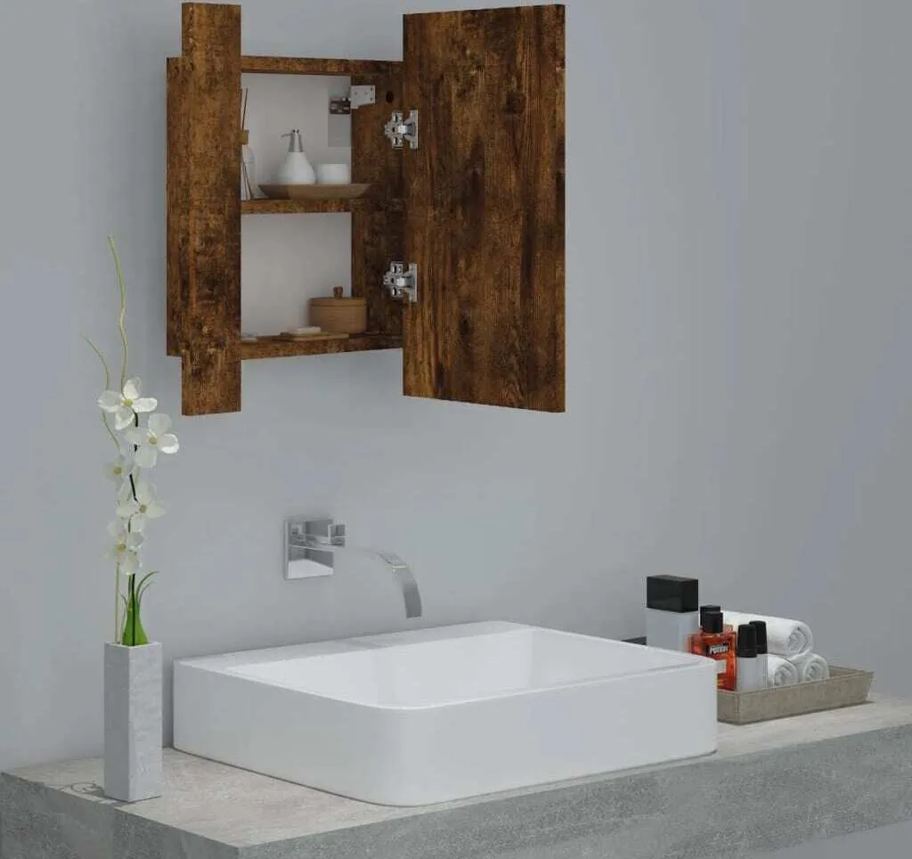 Lomadox Armadietto Da Bagno Con Specchio LUTON56 - 40x75x16 Cm, Rovere Wotan, 1 Anta, Illuminazione A LED, Ripiani Interni