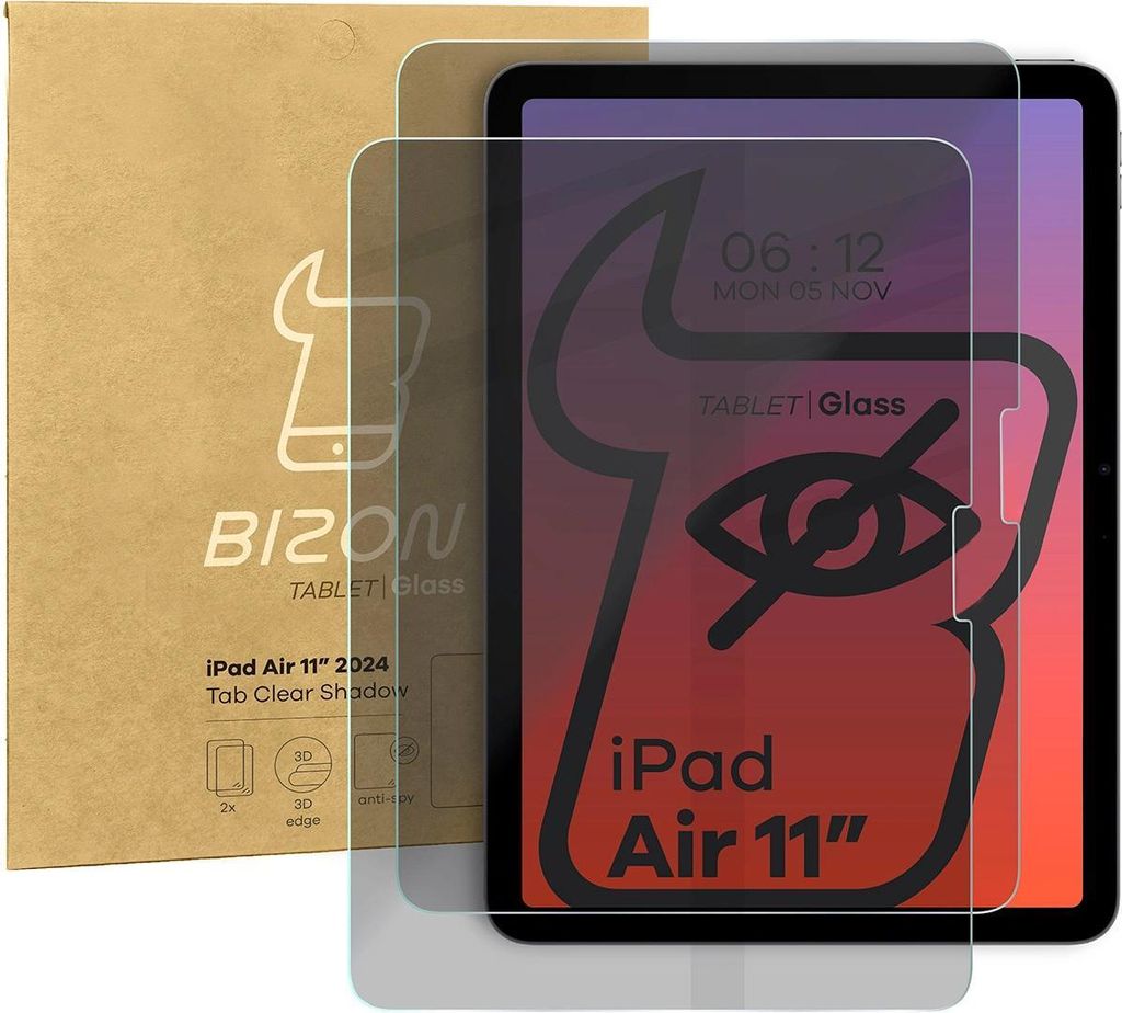 Bizon Glass Tab Clear Shadow Privacy Panzerglas für iPad Air 11"" 7/6 Gen. 2025/2024, getönt, 2 Stück