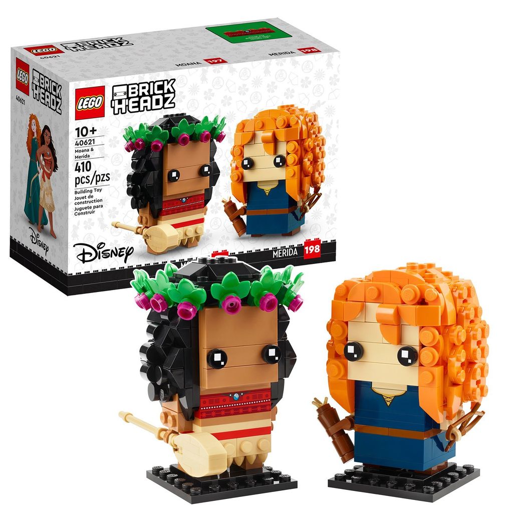 A box of LEGO BrickHeadz featuring characters from Disney's Moana and Brave, with the assembled figures shown in front of the box.
