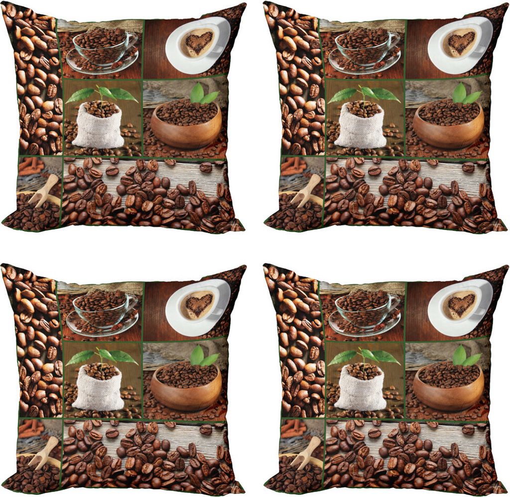 ABAKUHAUS Braun Kissenbezug Set (4 Stück), Kaffeebohnen und Beutel, Moderner Doppelseitiger Digitaldruck, 40 cm x 40 cm, Braun Grün