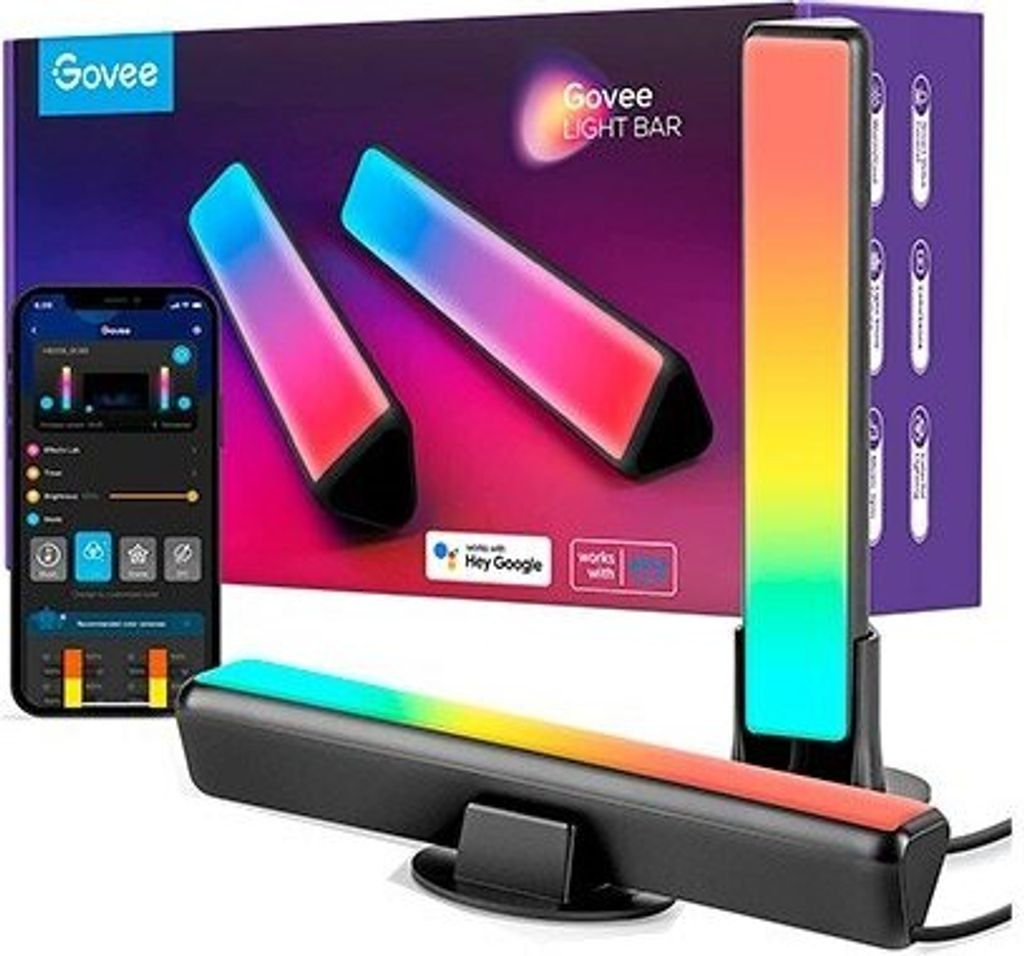 Govee light bars and a smartphone displaying the Govee app, with the product packaging in the background.