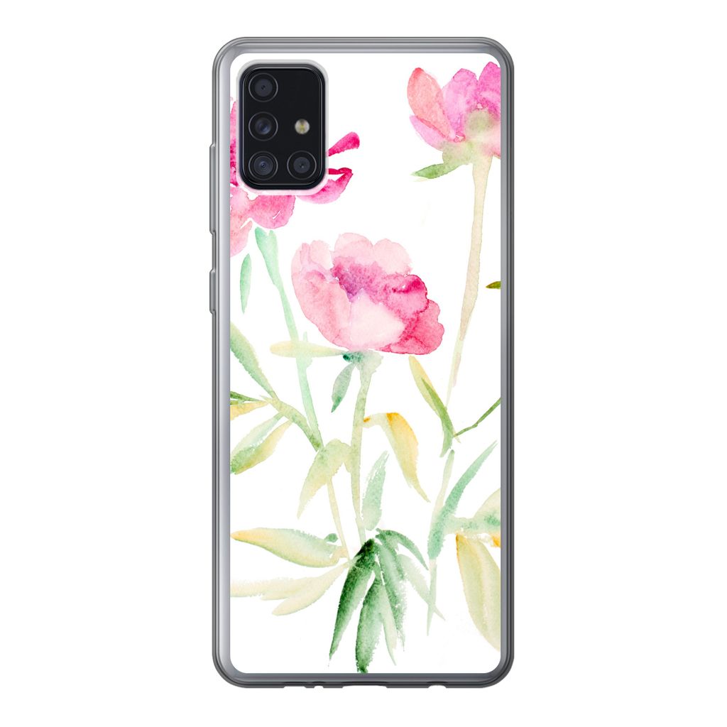 MuchoWow Handyhülle Schutzhülle Hülle für Samsung Galaxy A52 5G Blumen - Aquarell - Rosa Silikon Softcase Handy Hülle - Umschlag