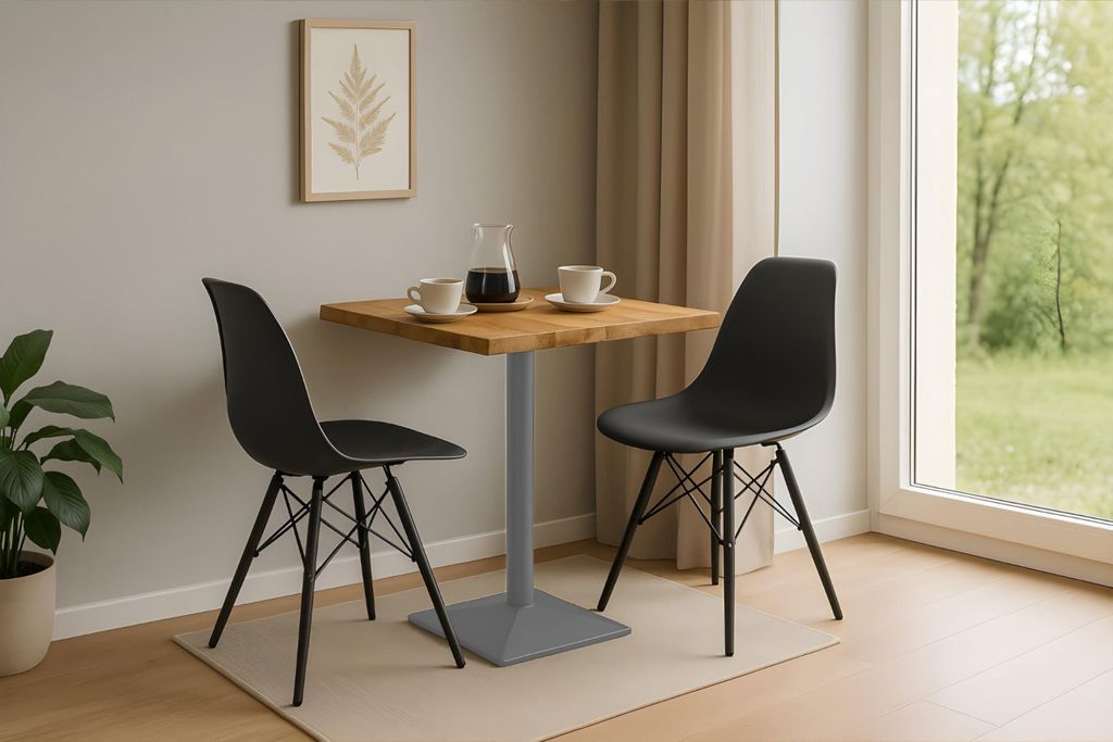 Bistrotisch Iris, Mangoholz massiv + naturfarben, Baumkante, Baumkantentisch mit Säulen-Gestell aus Eisen Silber, Säulentisch/Esstisch 60x60 cm f...