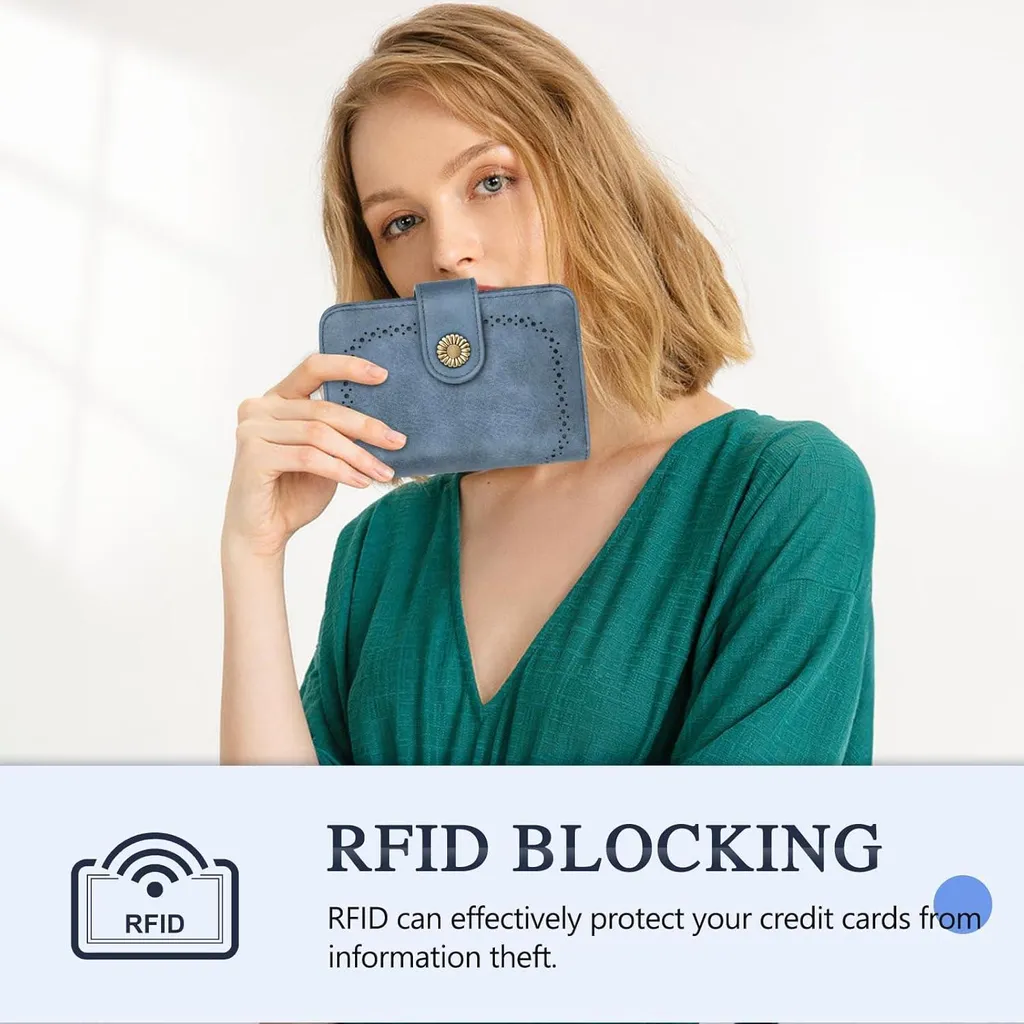 Portefeuille femme anti-piratage RFID grand format vintage bleu - 6
